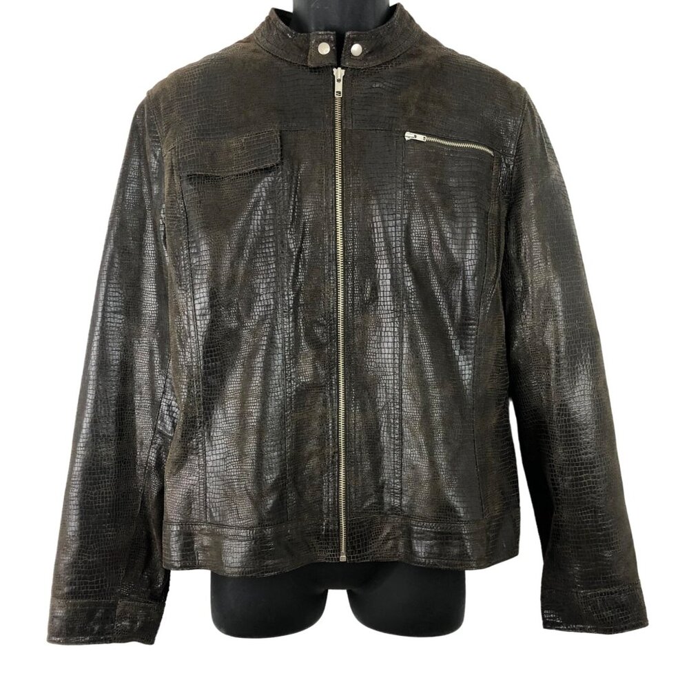 i.e Women's Size XL 100% Leather Jacket Brown Alligator Sporty Full Zip